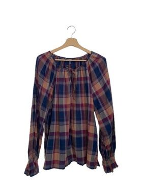 Chaps Women's XL Plaid Peasant Blouse - Navy Rust & Cream